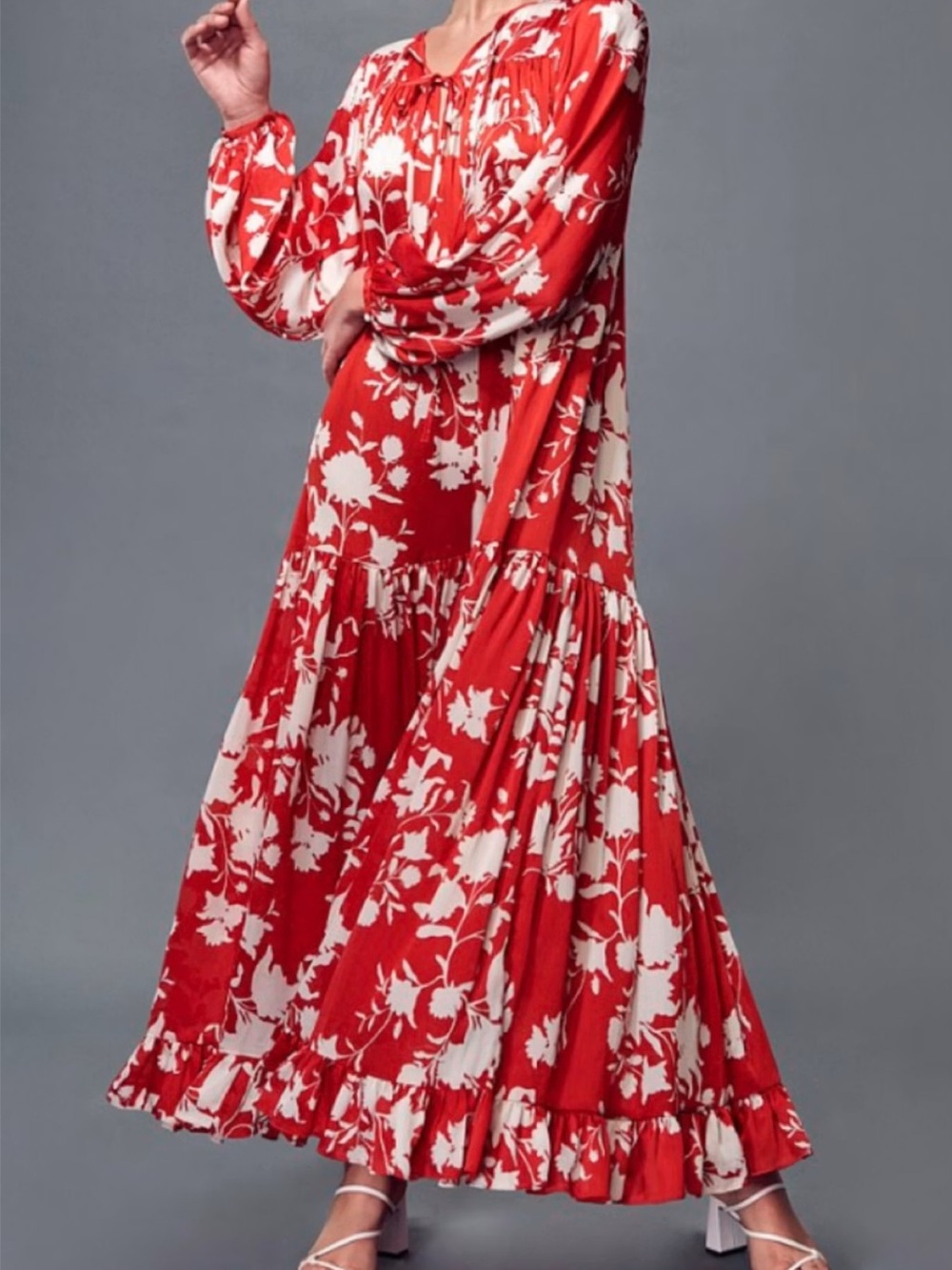 Johanna Ortiz &H&M Red and White Floral Pleated Maxi Dress size M - Picture 1 of 8